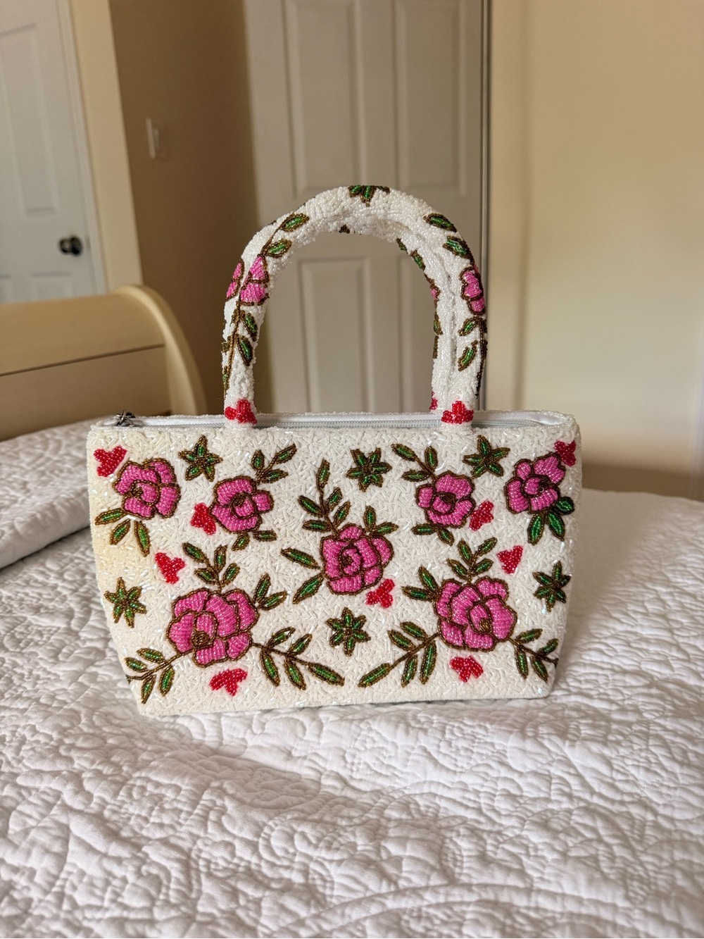 Beaded Floral Mini Tote Bag - Pink on White